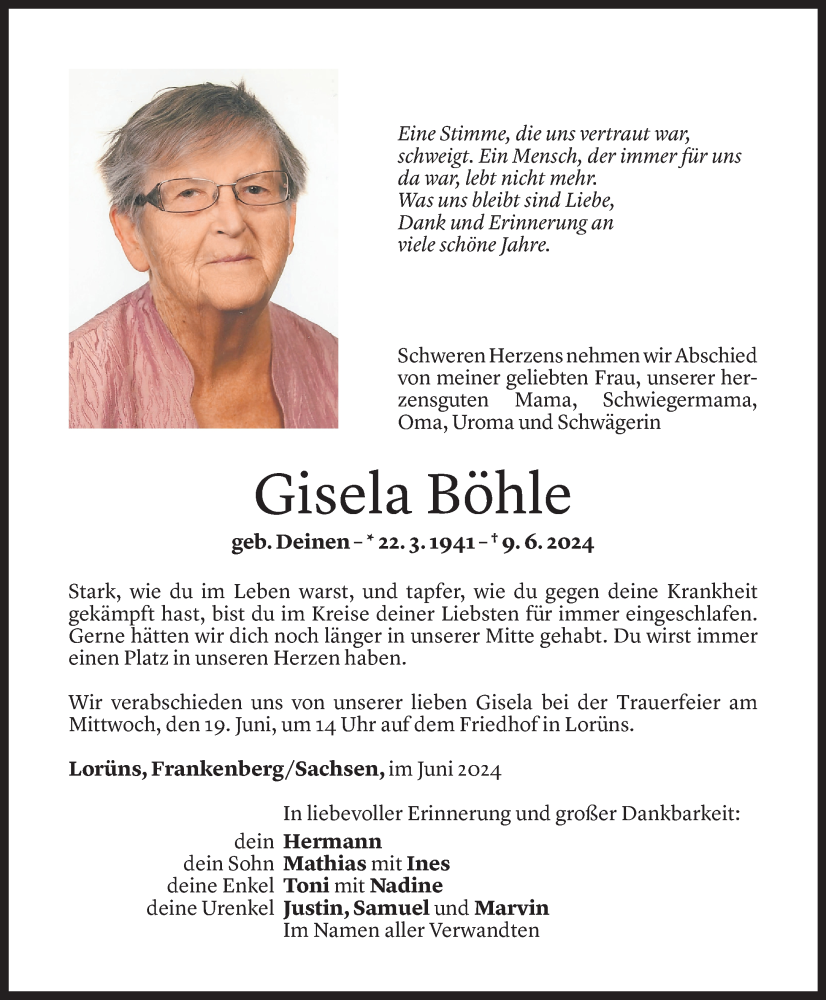  Todesanzeige für Gisela Böhle vom 15.06.2024 aus Vorarlberger Nachrichten