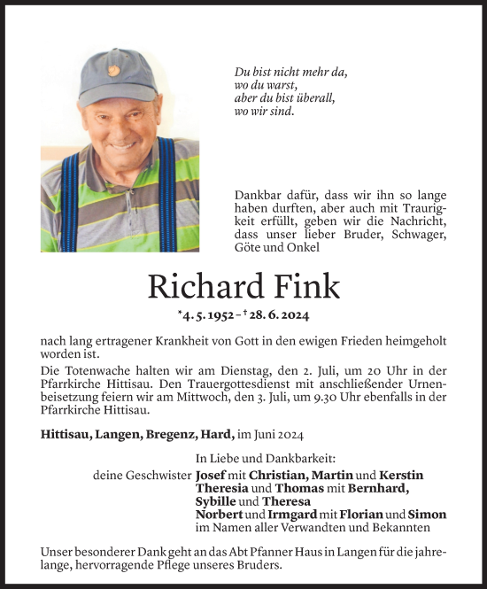 Todesanzeige von Richard Fink von Vorarlberger Nachrichten