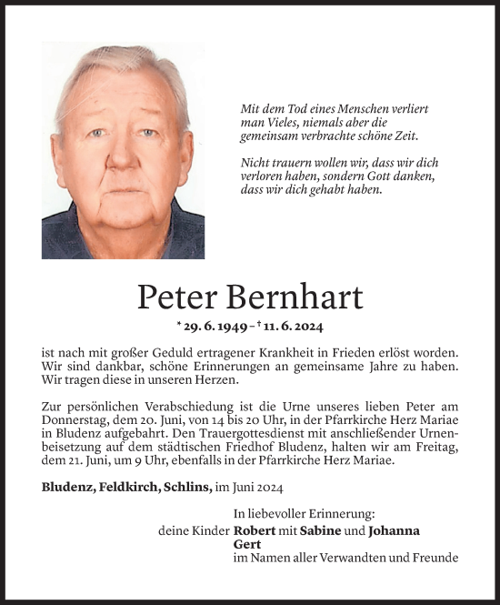 Todesanzeige von Peter Bernhart von Vorarlberger Nachrichten