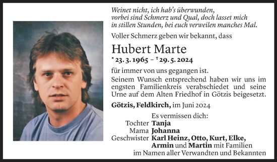 Todesanzeige von Hubert Marte von Vorarlberger Nachrichten