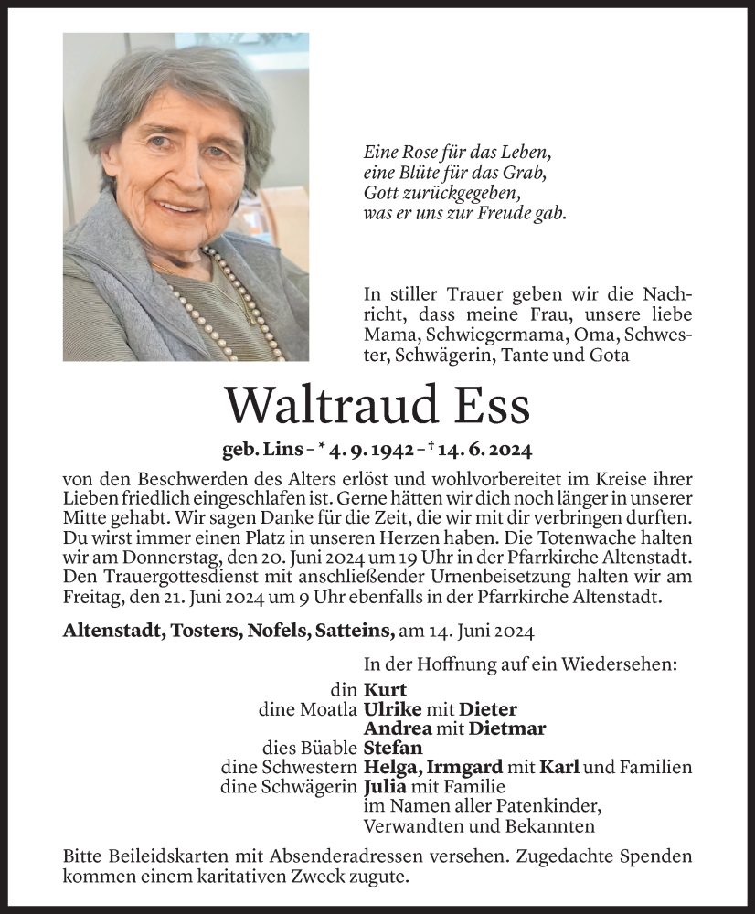  Todesanzeige für Waltraud Ess vom 18.06.2024 aus Vorarlberger Nachrichten