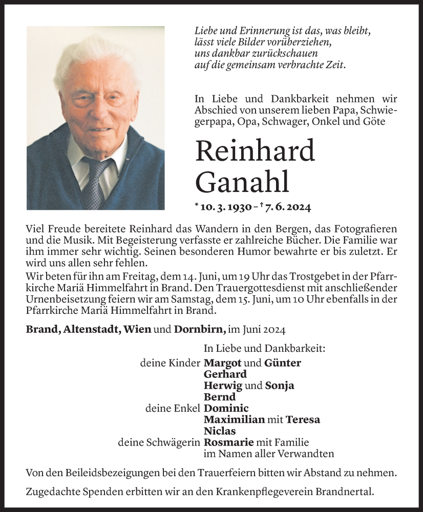  Todesanzeige für Reinhard Ganahl vom 11.06.2024 aus Vorarlberger Nachrichten