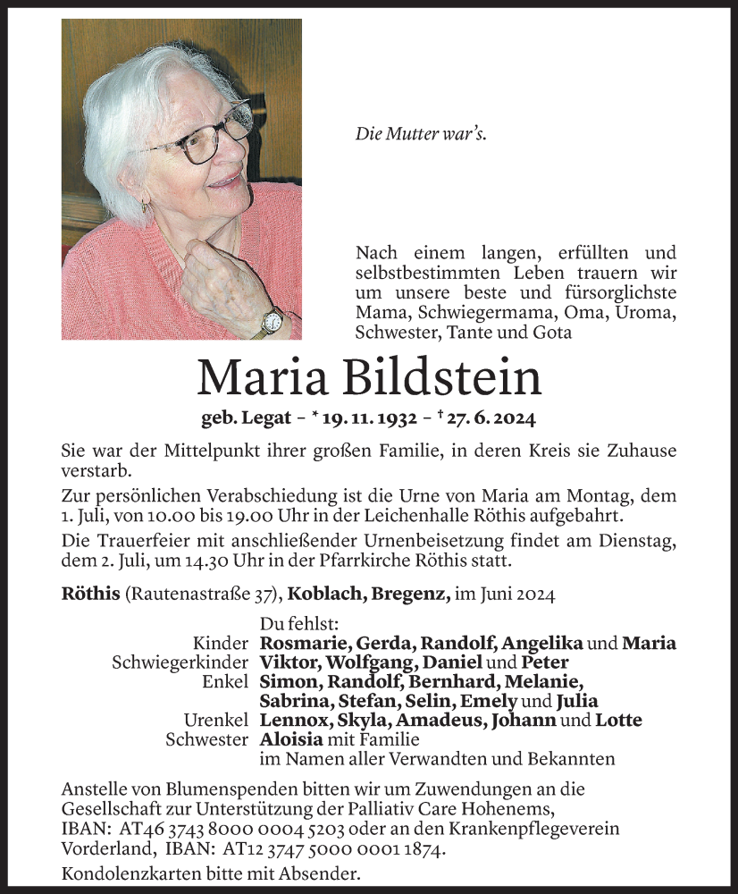  Todesanzeige für Maria Bildstein vom 28.06.2024 aus Vorarlberger Nachrichten