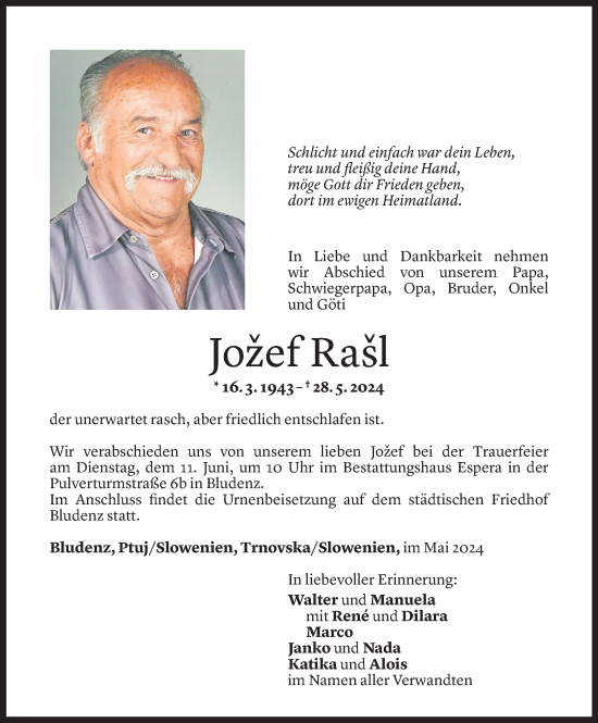 Todesanzeige von Jozef Rasl von Vorarlberger Nachrichten