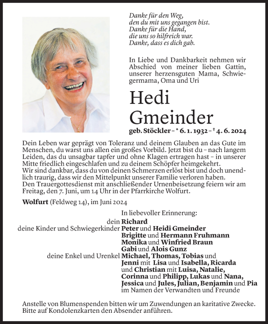 Todesanzeige von Hedi Gmeinder von Vorarlberger Nachrichten