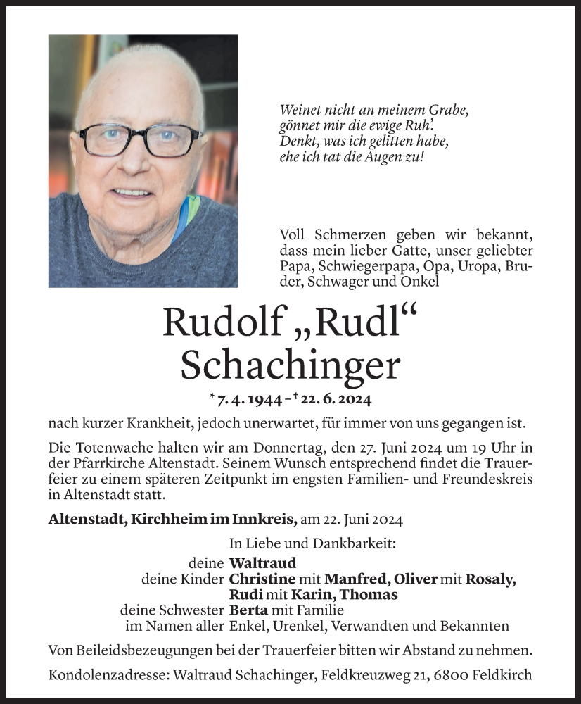  Todesanzeige für Rudolf Schachinger vom 26.06.2024 aus Vorarlberger Nachrichten