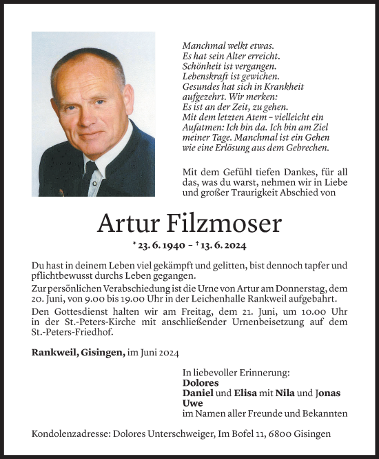 Todesanzeige von Artur Filzmoser von Vorarlberger Nachrichten