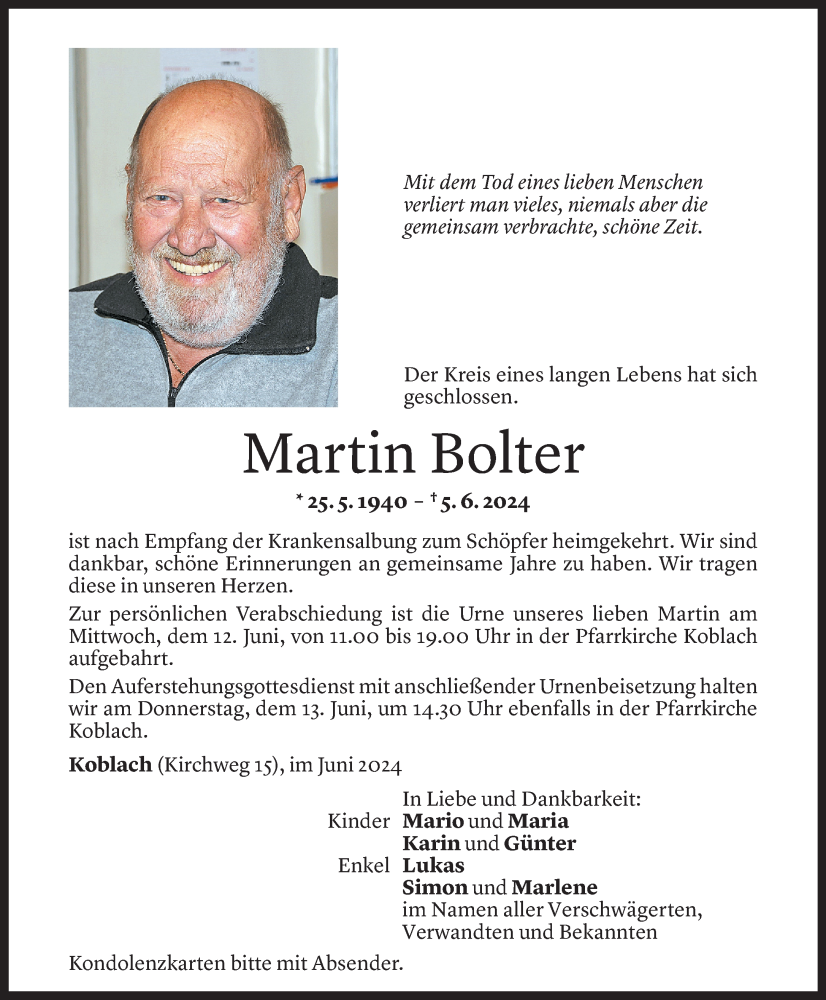  Todesanzeige für Martin Bolter vom 09.06.2024 aus Vorarlberger Nachrichten