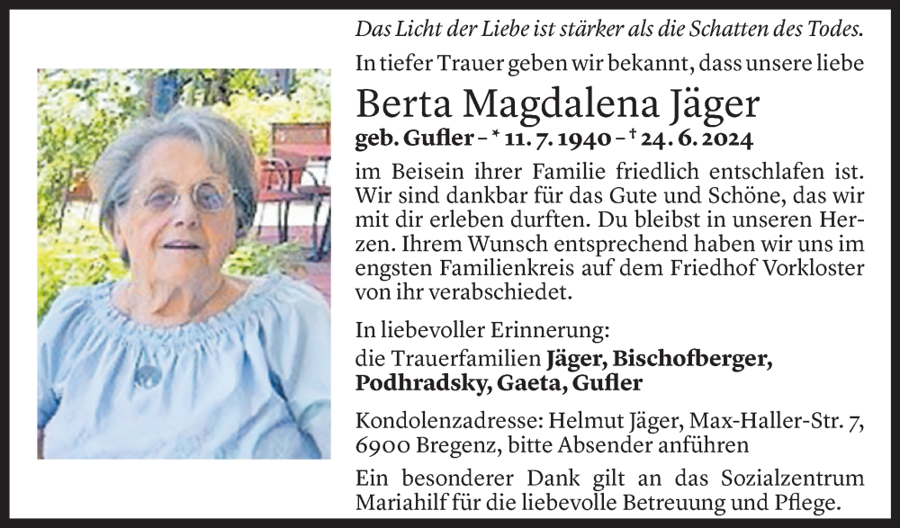 Todesanzeigen von Berta Magdalena Jäger | Todesanzeigen Vorarlberger ...