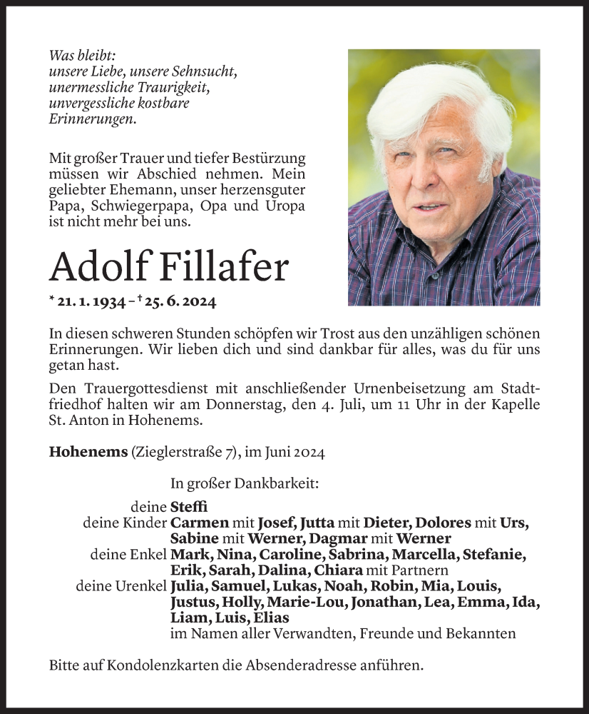  Todesanzeige für Adolf Fillafer vom 01.07.2024 aus Vorarlberger Nachrichten