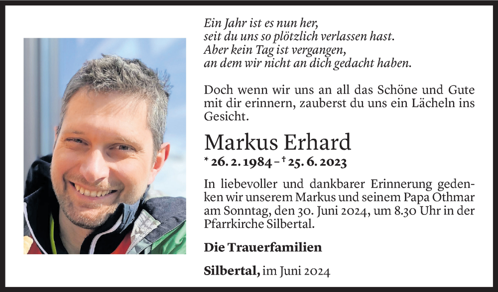  Todesanzeige für Markus Erhard vom 27.06.2024 aus Vorarlberger Nachrichten