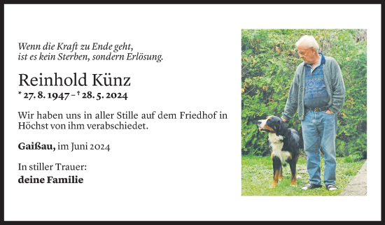 Todesanzeige von Reinhold Künz von Vorarlberger Nachrichten