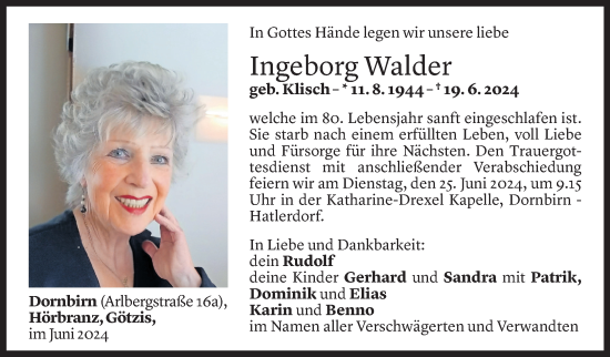 Todesanzeige von Ingeborg Walder von Vorarlberger Nachrichten