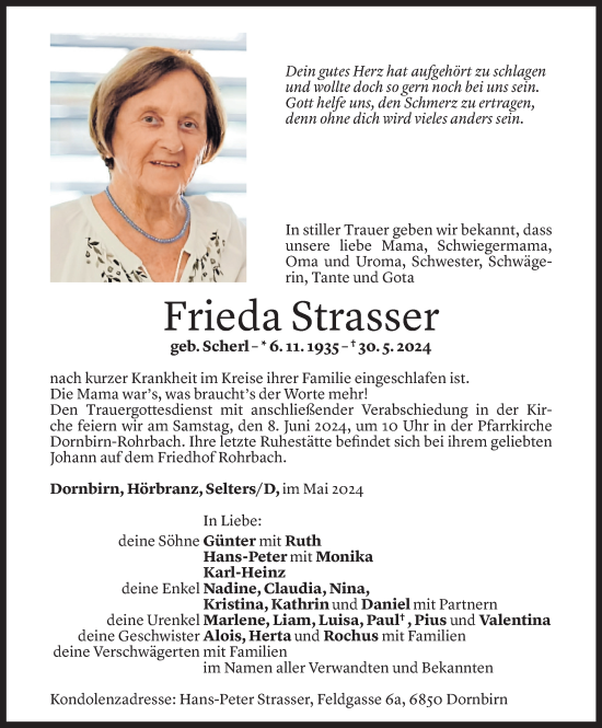 Todesanzeige von Frieda Strasser von Vorarlberger Nachrichten