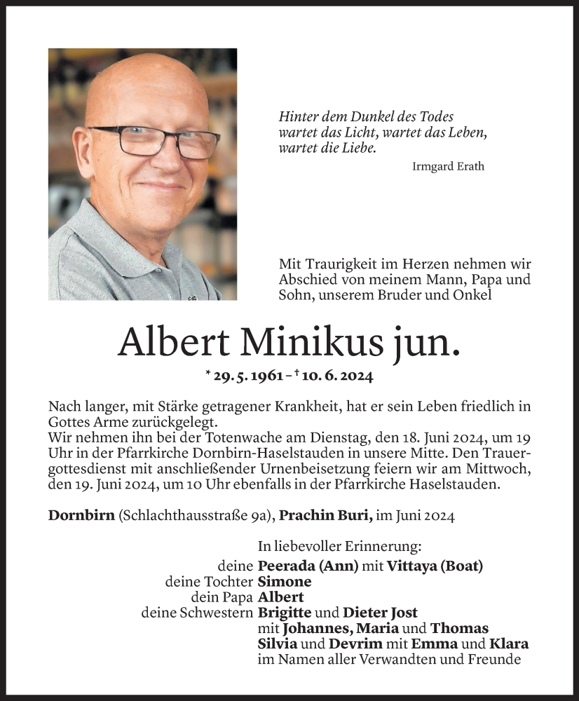  Todesanzeige für Albert Minikus vom 14.06.2024 aus Vorarlberger Nachrichten