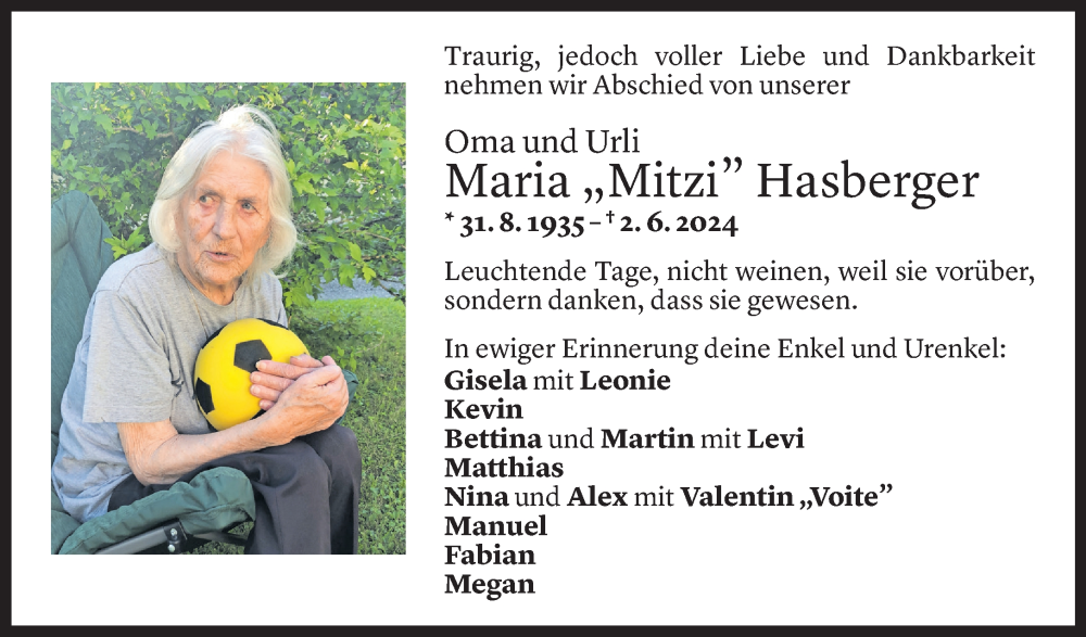  Todesanzeige für Maria Hasberger vom 08.06.2024 aus Vorarlberger Nachrichten