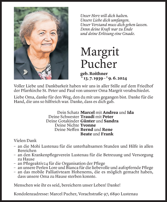 Todesanzeige von Margrit Pucher von Vorarlberger Nachrichten