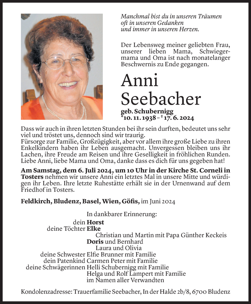  Todesanzeige für Anni Seebacher vom 01.07.2024 aus Vorarlberger Nachrichten
