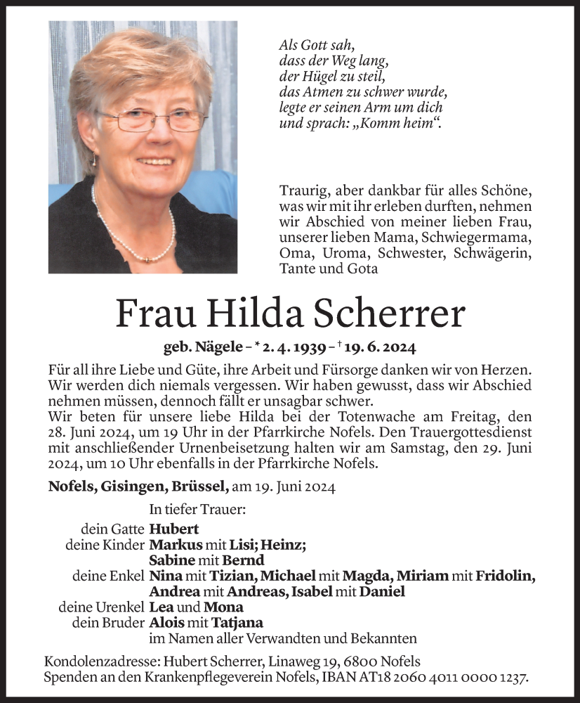  Todesanzeige für Hilda Scherrer vom 24.06.2024 aus Vorarlberger Nachrichten