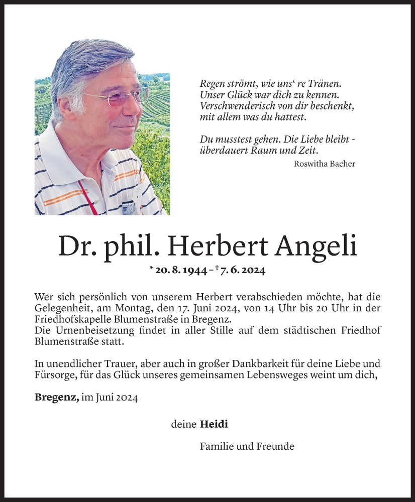  Todesanzeige für Herbert Angeli vom 13.06.2024 aus Vorarlberger Nachrichten