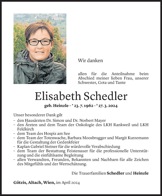 Todesanzeige von Elisabeth Schedler von vorarlberger nachrichten