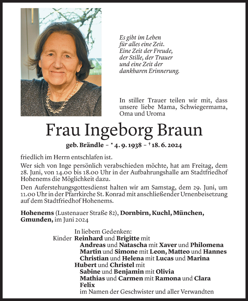  Todesanzeige für Ingeborg Braun vom 26.06.2024 aus Vorarlberger Nachrichten