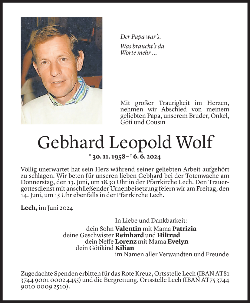 Todesanzeige für Gebhard Leopold Wolf vom 10.06.2024 aus Vorarlberger Nachrichten