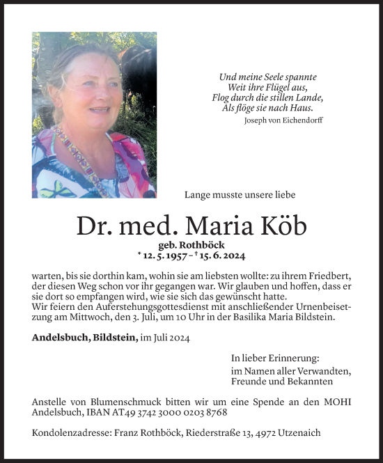 Todesanzeige von Maria Köb von Vorarlberger Nachrichten
