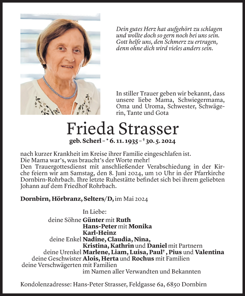  Todesanzeige für Frieda Strasser vom 05.06.2024 aus Vorarlberger Nachrichten