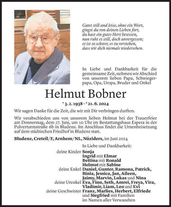 Todesanzeige von Helmut Bobner von Vorarlberger Nachrichten