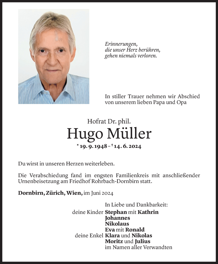  Todesanzeige für Hugo Müller vom 24.06.2024 aus Vorarlberger Nachrichten