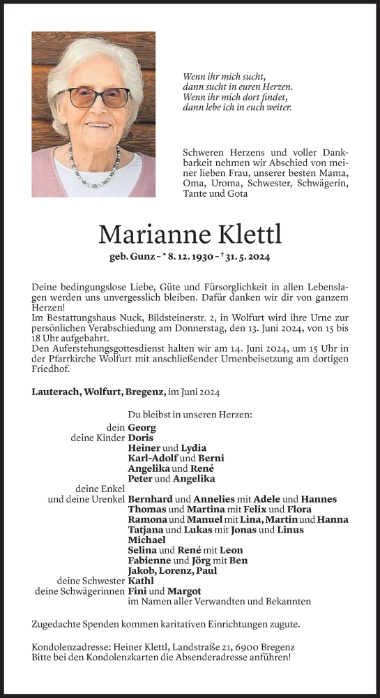 Todesanzeige von Marianne Klettl von Vorarlberger Nachrichten
