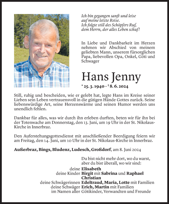 Todesanzeige von Hans Jenny von Vorarlberger Nachrichten