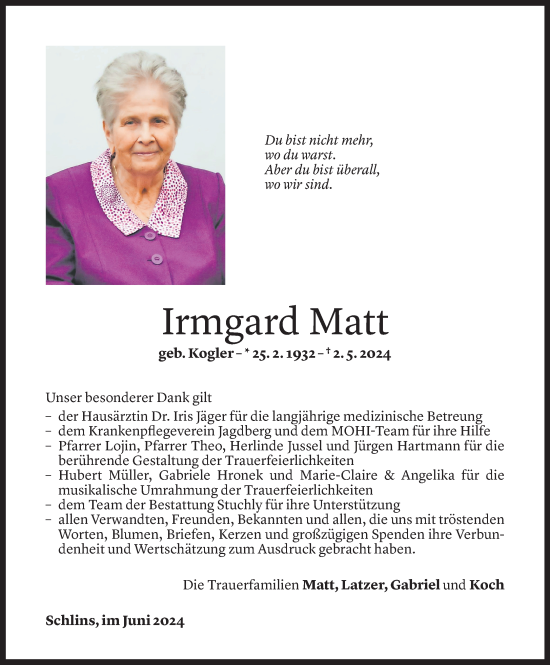Todesanzeige von Irmgard Matt von Vorarlberger Nachrichten