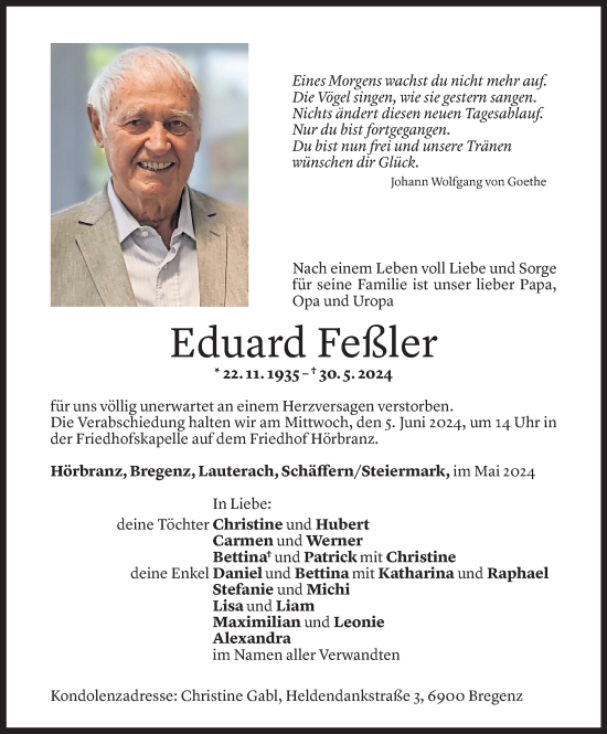 Todesanzeige von Eduard Feßler von Vorarlberger Nachrichten