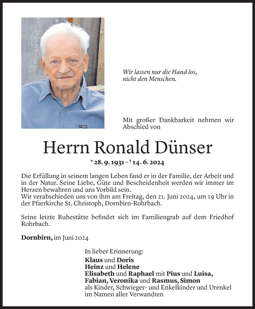  Todesanzeige für Ronald Dünser vom 18.06.2024 aus Vorarlberger Nachrichten