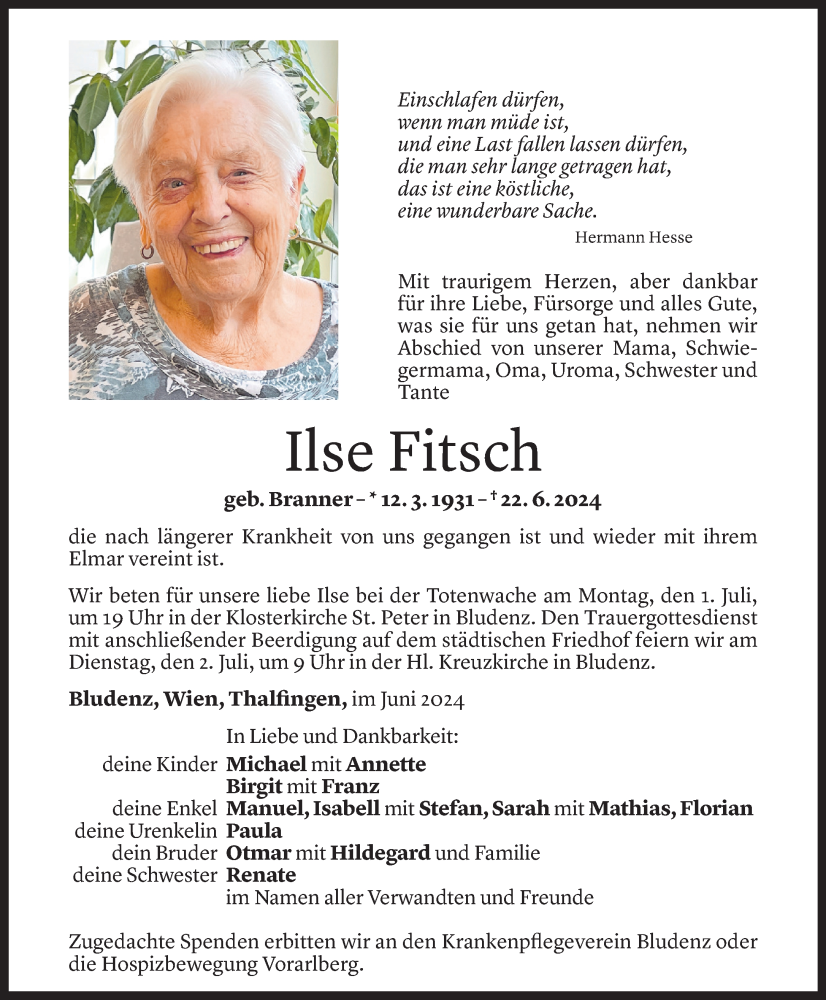  Todesanzeige für Ilse Fitsch vom 29.06.2024 aus Vorarlberger Nachrichten
