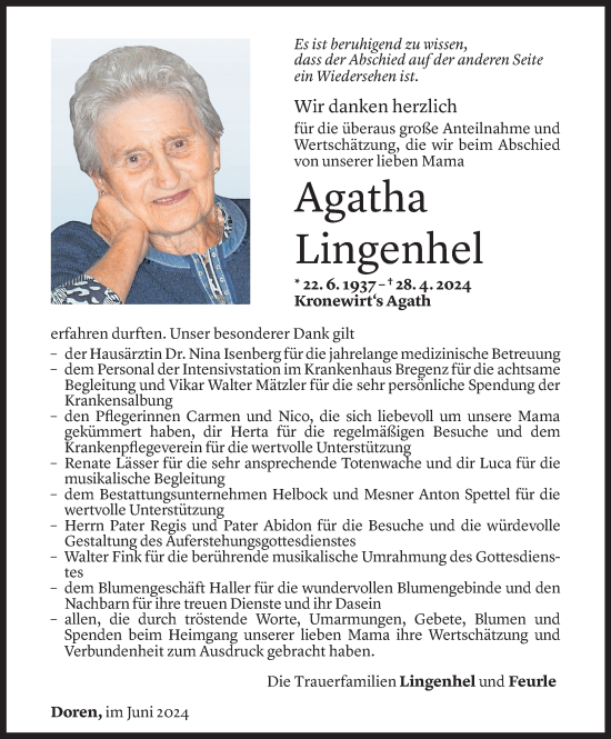 Todesanzeige von Agatha Lingenhel von Vorarlberger Nachrichten