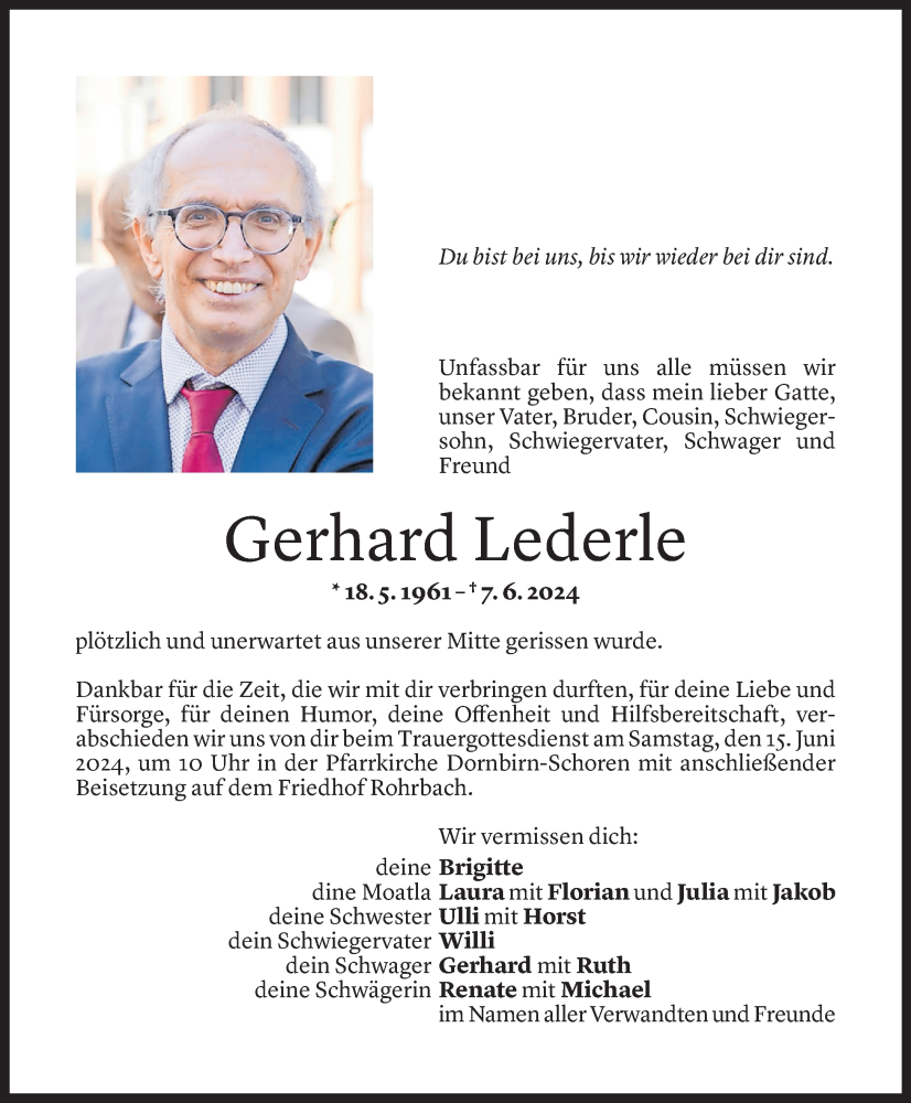  Todesanzeige für Gerhard Lederle vom 12.06.2024 aus Vorarlberger Nachrichten