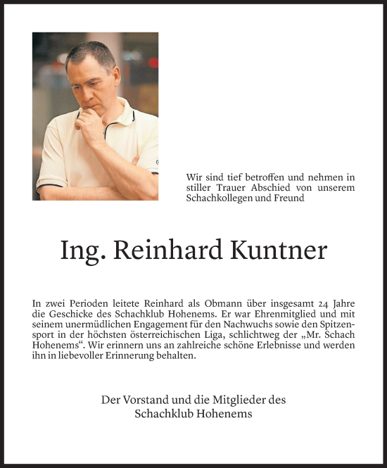 Todesanzeige von Reinhard Kuntner von Vorarlberger Nachrichten