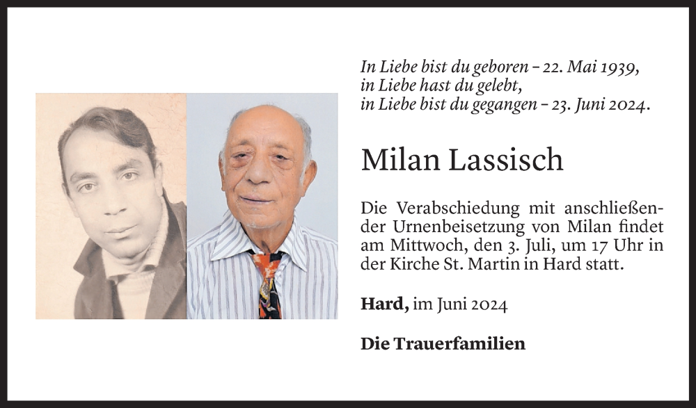  Todesanzeige für Milan Lassisch vom 29.06.2024 aus Vorarlberger Nachrichten