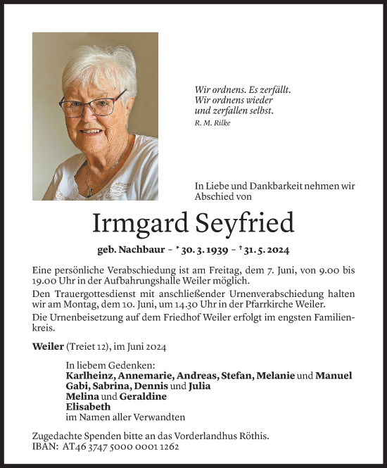 Todesanzeige von Irmgard Seyfried von Vorarlberger Nachrichten