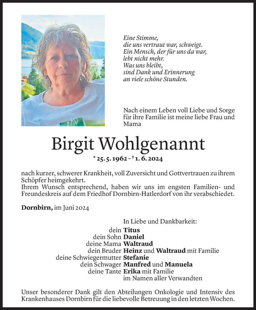  Todesanzeige für Birgit Wohlgenannt vom 08.06.2024 aus Vorarlberger Nachrichten