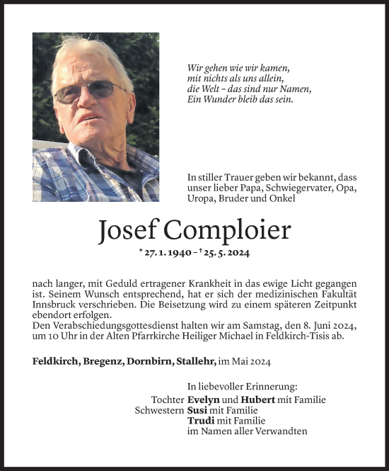 Todesanzeige von Josef Comploier von Vorarlberger Nachrichten