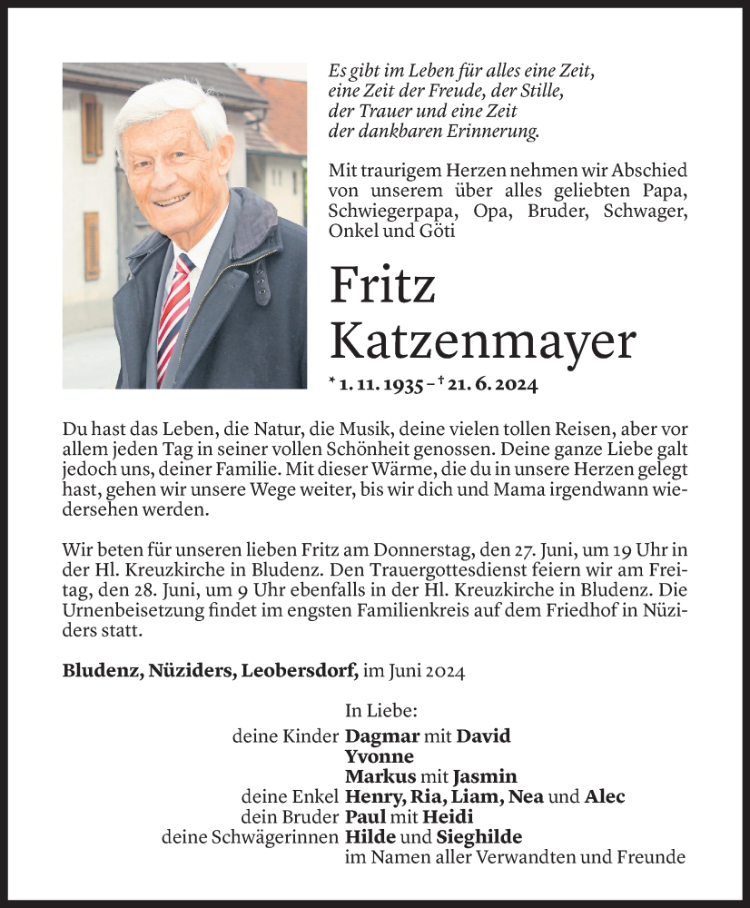  Todesanzeige für Fritz Katzenmayer vom 24.06.2024 aus Vorarlberger Nachrichten