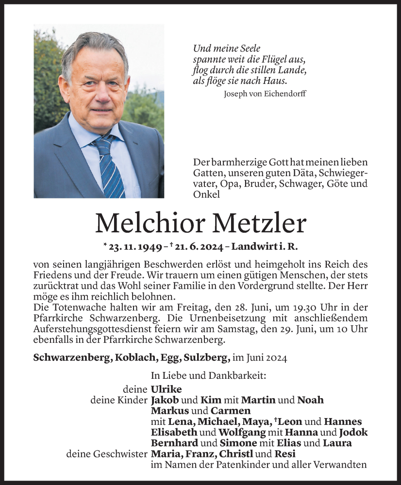  Todesanzeige für Melchior Metzler vom 26.06.2024 aus Vorarlberger Nachrichten