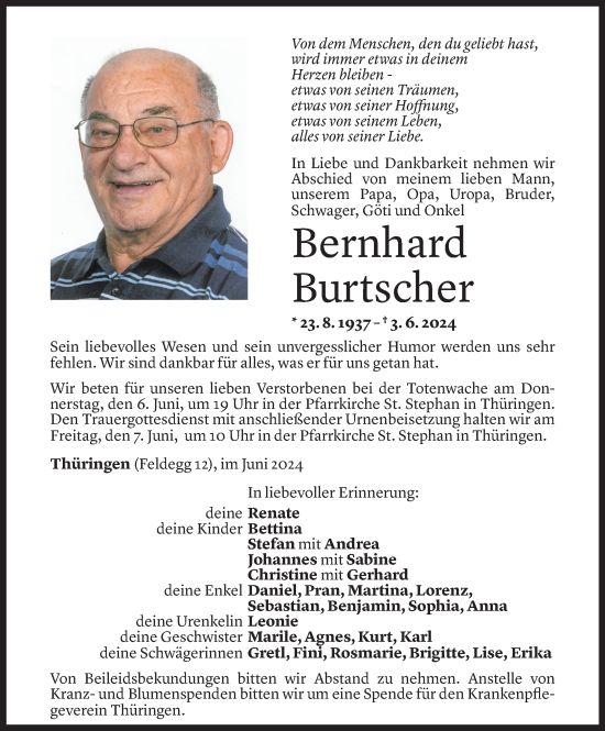 Todesanzeige von Bernhard Burtscher von Vorarlberger Nachrichten