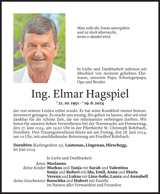 Todesanzeige von Elmar Hagspiel von Vorarlberger Nachrichten
