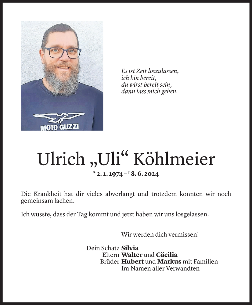  Todesanzeige für Ulrich Köhlmeier vom 12.06.2024 aus Vorarlberger Nachrichten