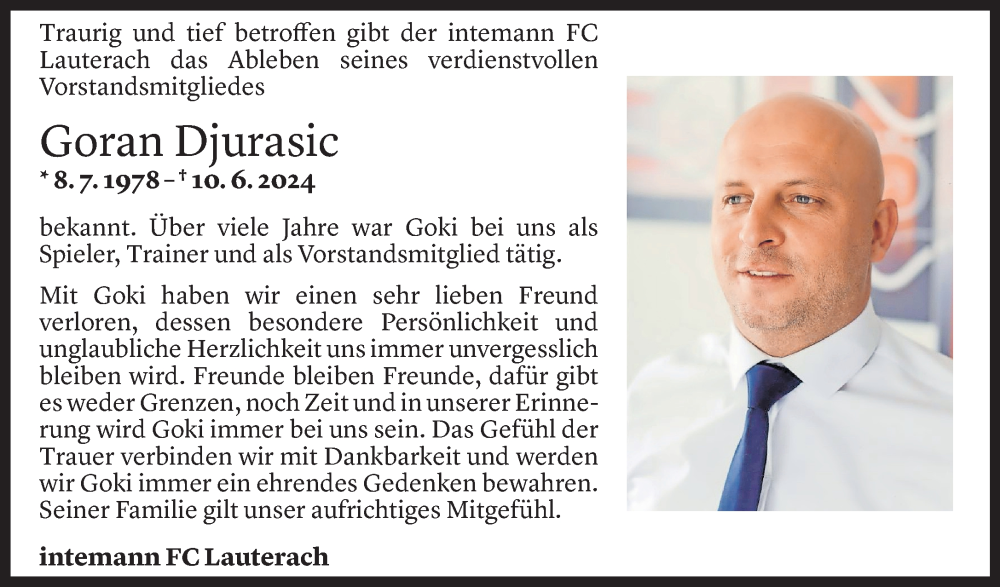  Todesanzeige für Goran Djurasic vom 14.06.2024 aus Vorarlberger Nachrichten
